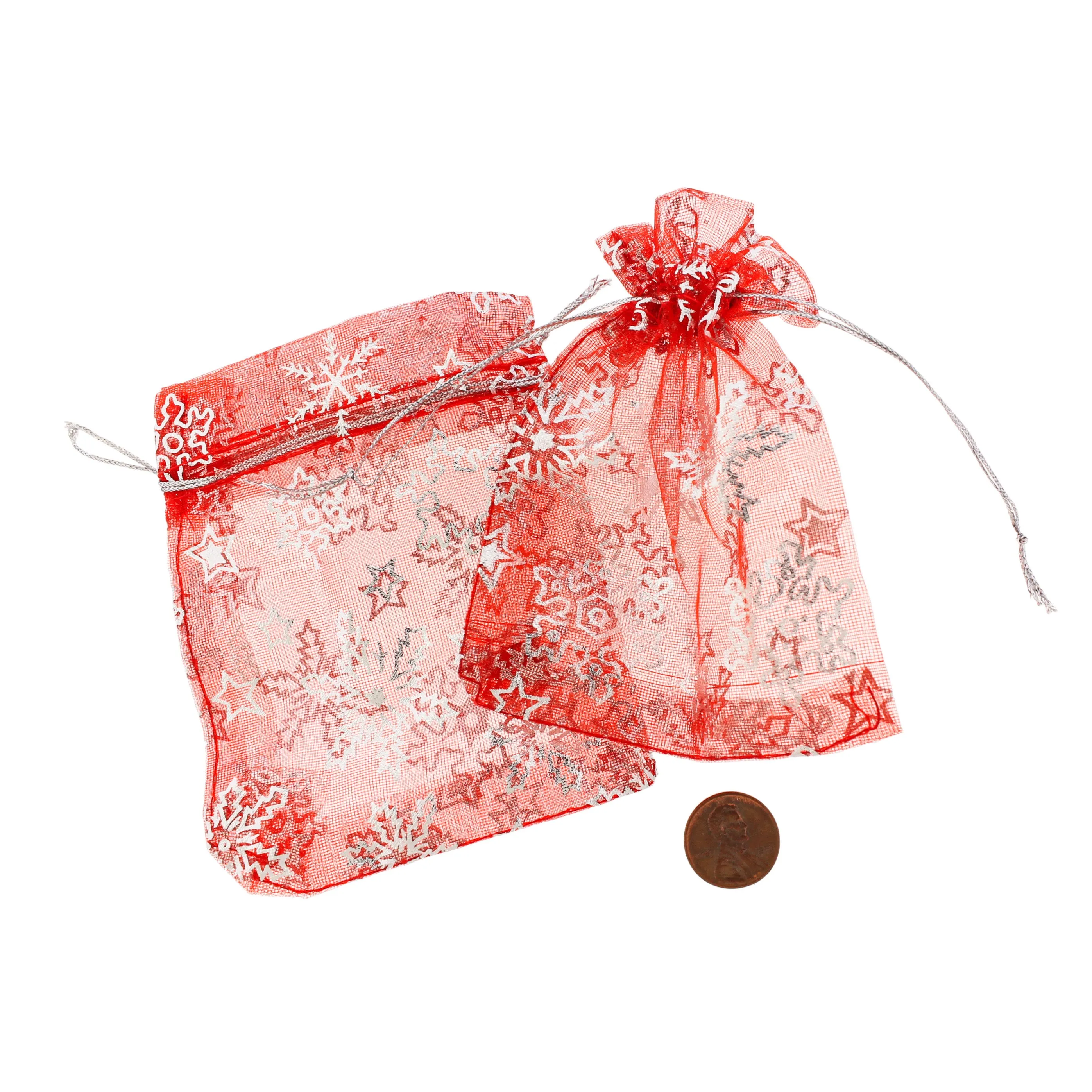 10 Red Snowflake Organza Drawstring Bags 12cm x 10cm - TL213