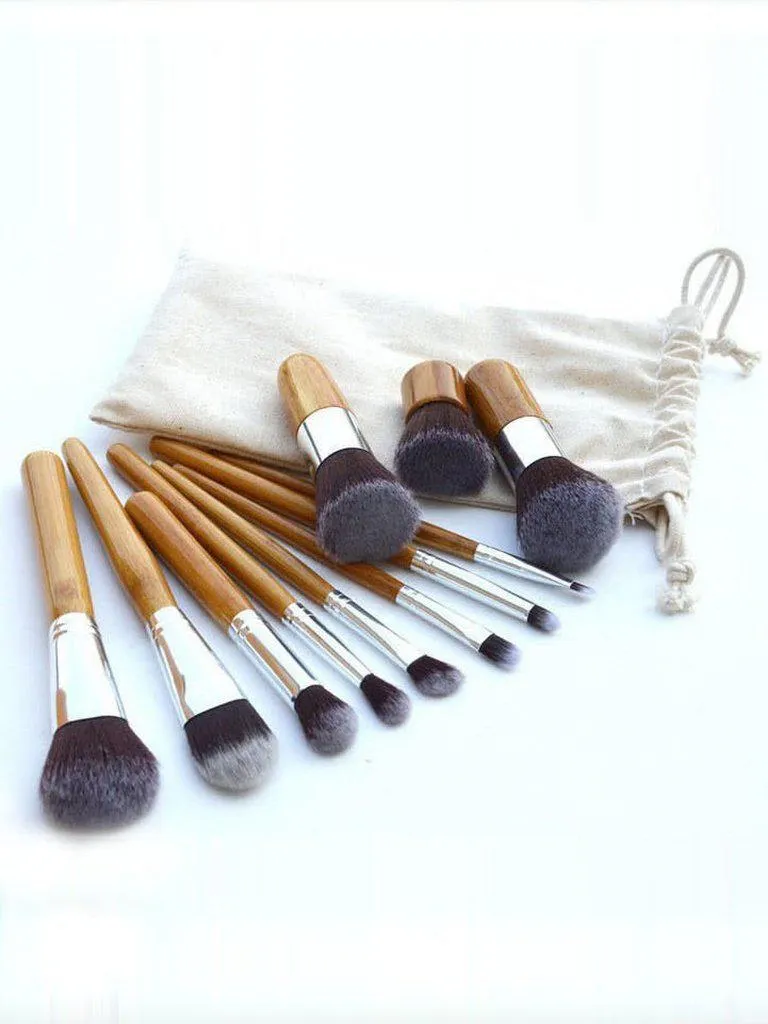 11 Pcs Bamboo Makeup Foundation Fiber Liner Eyeshadow Cosmetic Brush Set Bag Kit