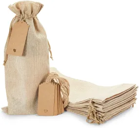 12 Pack Burlap Wine Bottle Gift Bags, Brown Reusable Drawstring Covers with Tags for Holiday, Birthday & House Warming, 14 x 6 in