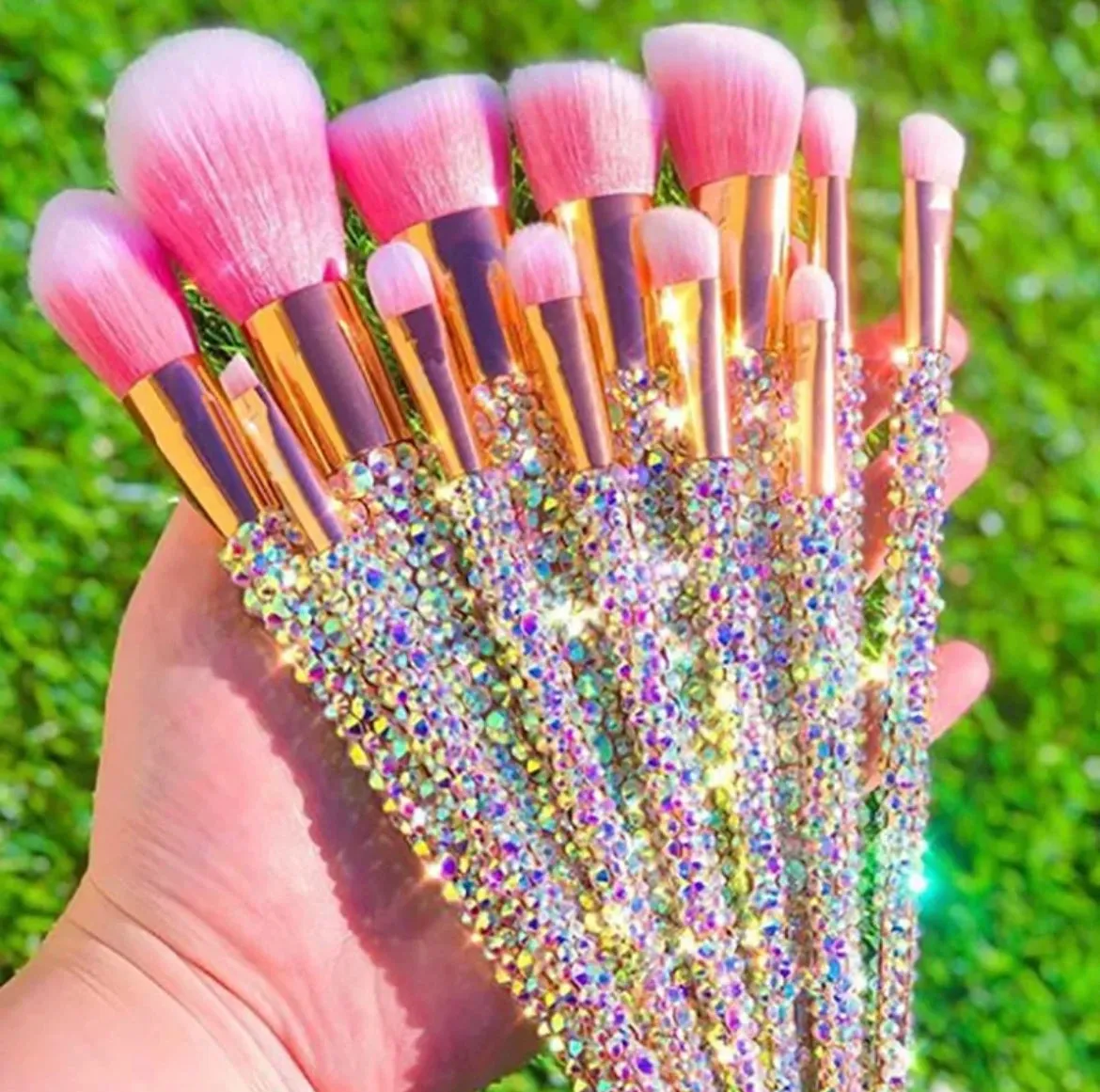 12 pc Bedazzled Bling Makeup Brush Set Silver