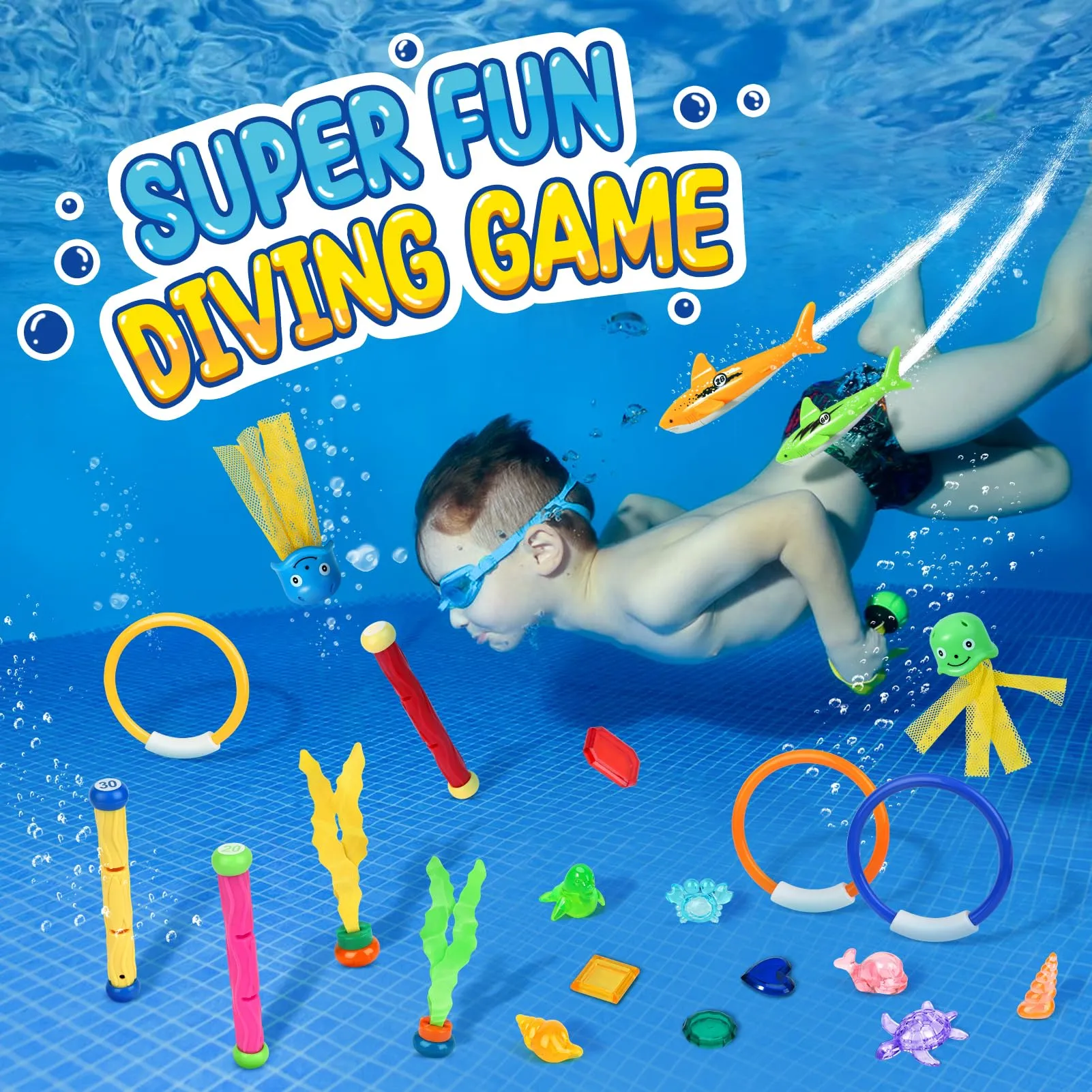 38 PCS Swimming Pool Toys with a Storage Net Bag, Including Diving Sticks, Shark Diving Rings, Underwater Treasures Fish Toys etc. Summer Fun Water Toys for Adults Kids Teens