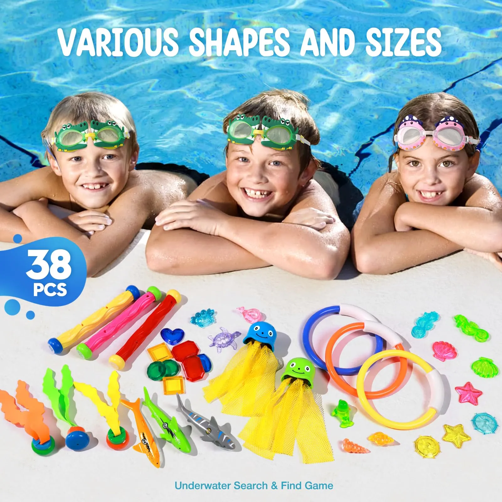 38 PCS Swimming Pool Toys with a Storage Net Bag, Including Diving Sticks, Shark Diving Rings, Underwater Treasures Fish Toys etc. Summer Fun Water Toys for Adults Kids Teens