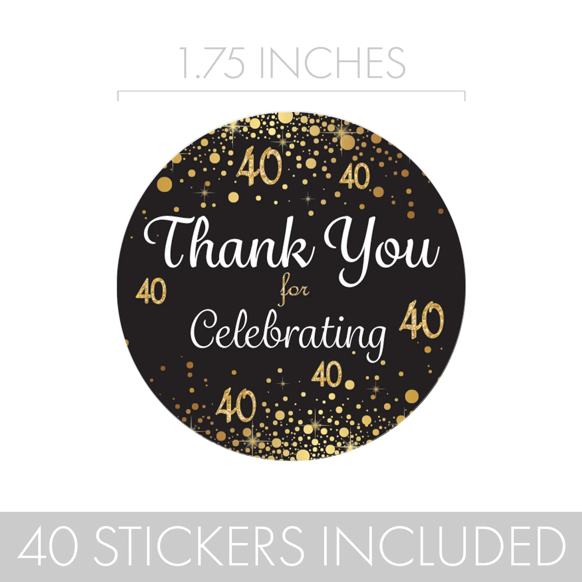 40th Birthday: Black & Gold - Adult Birthday -  Thank You Stickers - 40 Stickers