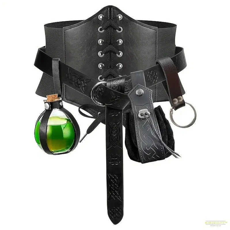 5-Piece Renaissance Costume Set: Medieval Steampunk Accessories with Belt, Bag, Cork Bottle and Waist Guard - Perfect for Photography, Cosplay, and Party Decoration