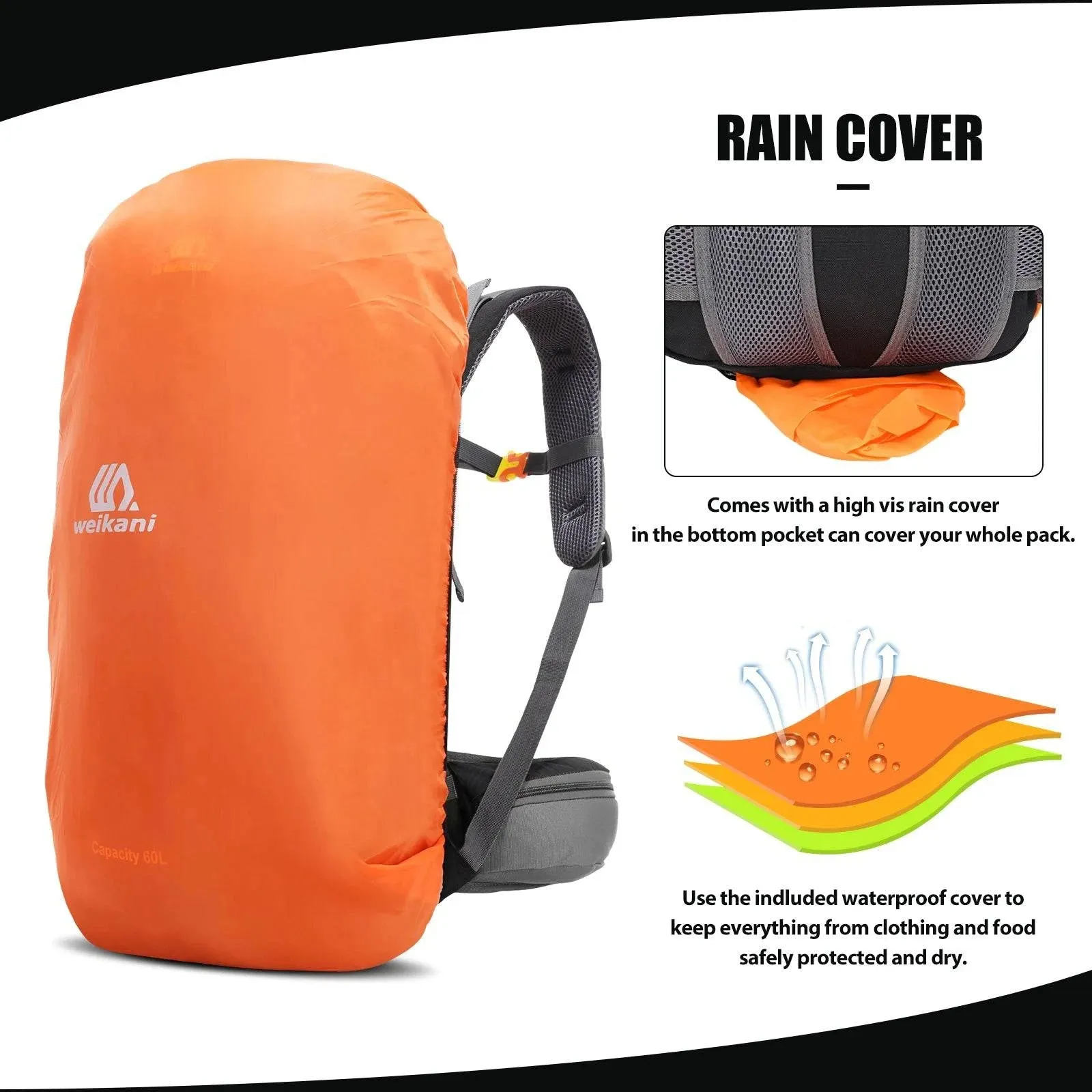 60L Waterproof Hiking Backpack Camping Mountain Climbing Cycling Backpack Outdoor Sport Bag with Rain Cover