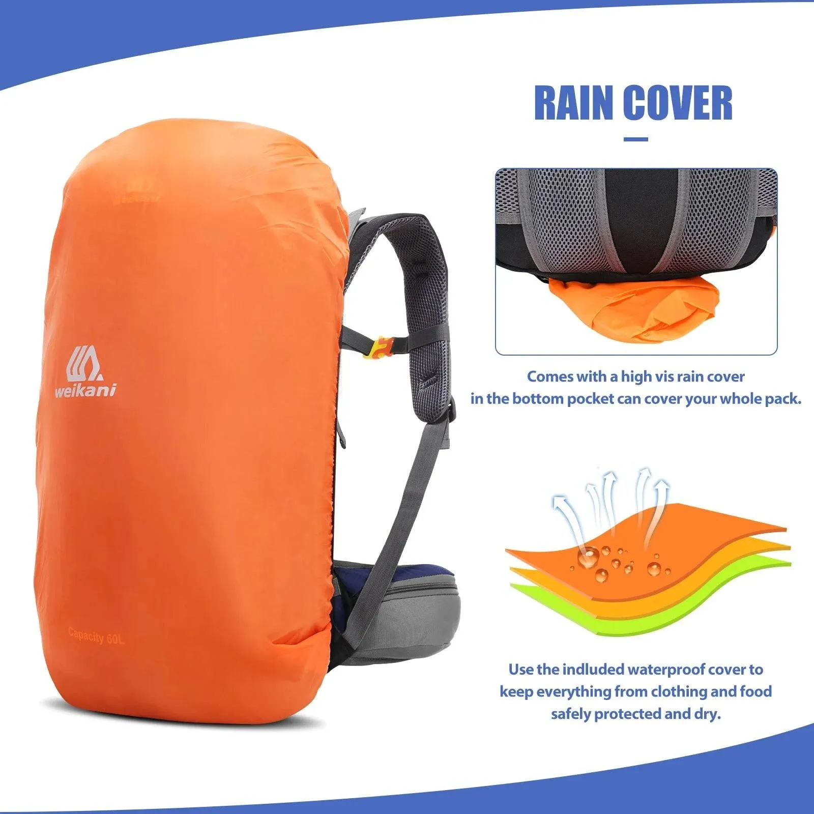 60L Waterproof Hiking Backpack Camping Mountain Climbing Cycling Backpack Outdoor Sport Bag with Rain Cover