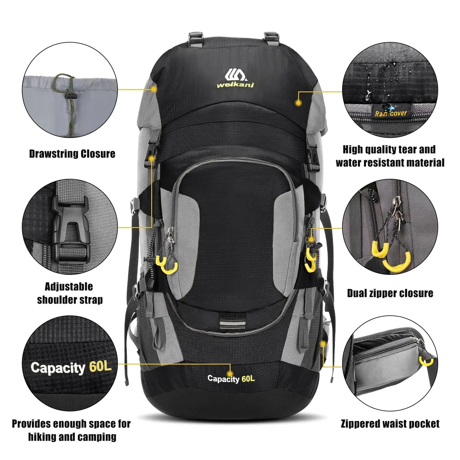 60L Waterproof Hiking Backpack Camping Mountain Climbing Cycling Backpack Outdoor Sport Bag with Rain Cover