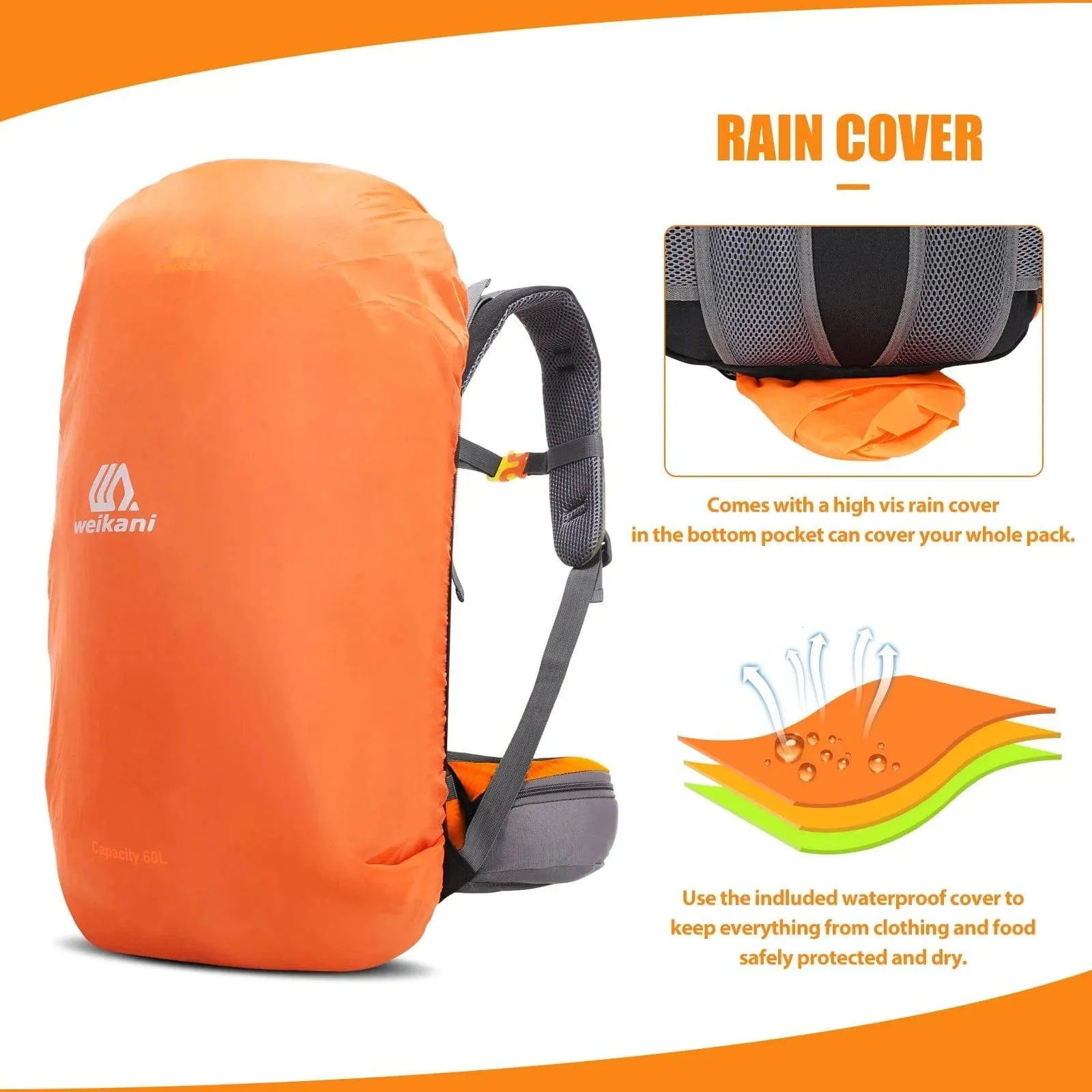 60L Waterproof Hiking Backpack Camping Mountain Climbing Cycling Backpack Outdoor Sport Bag with Rain Cover