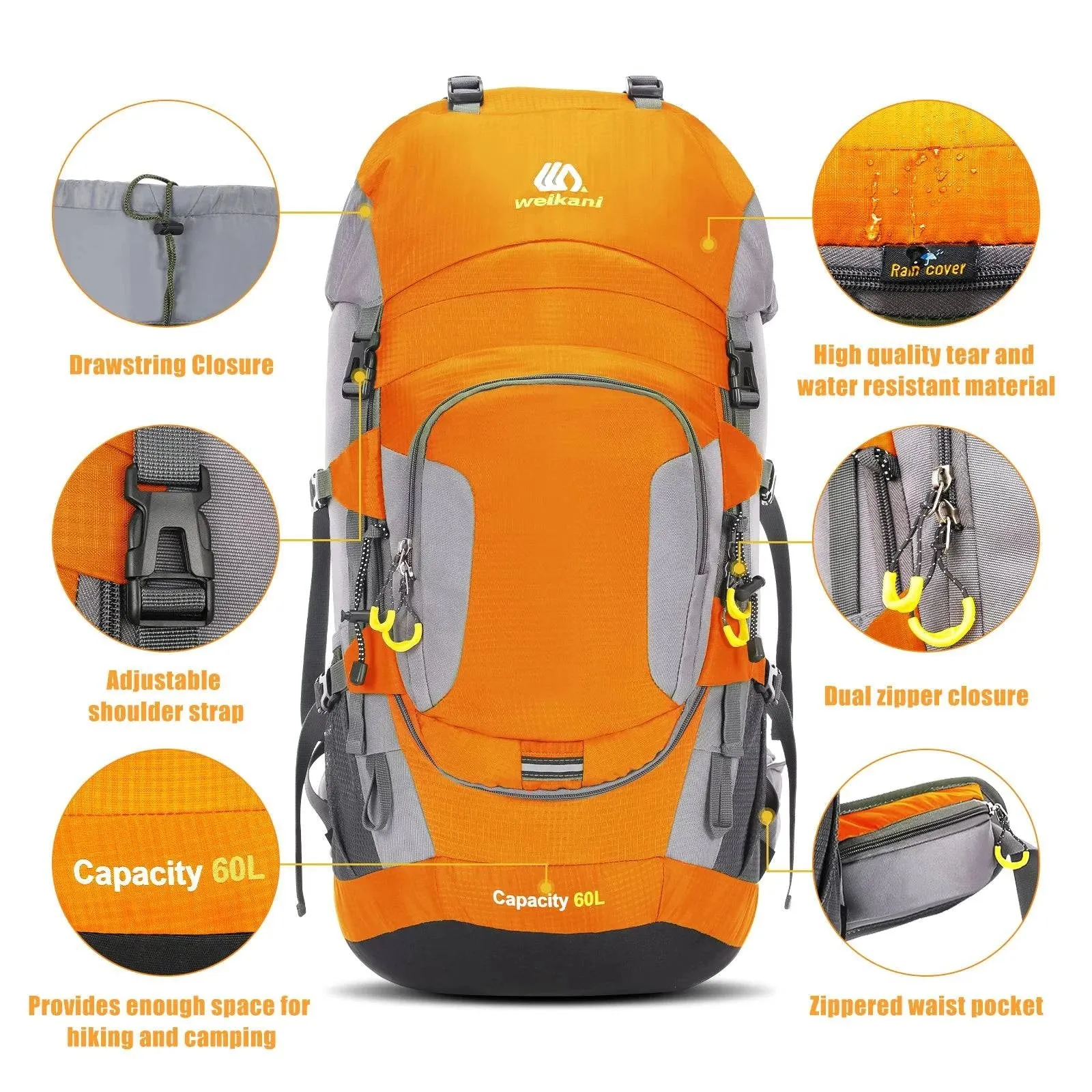 60L Waterproof Hiking Backpack Camping Mountain Climbing Cycling Backpack Outdoor Sport Bag with Rain Cover