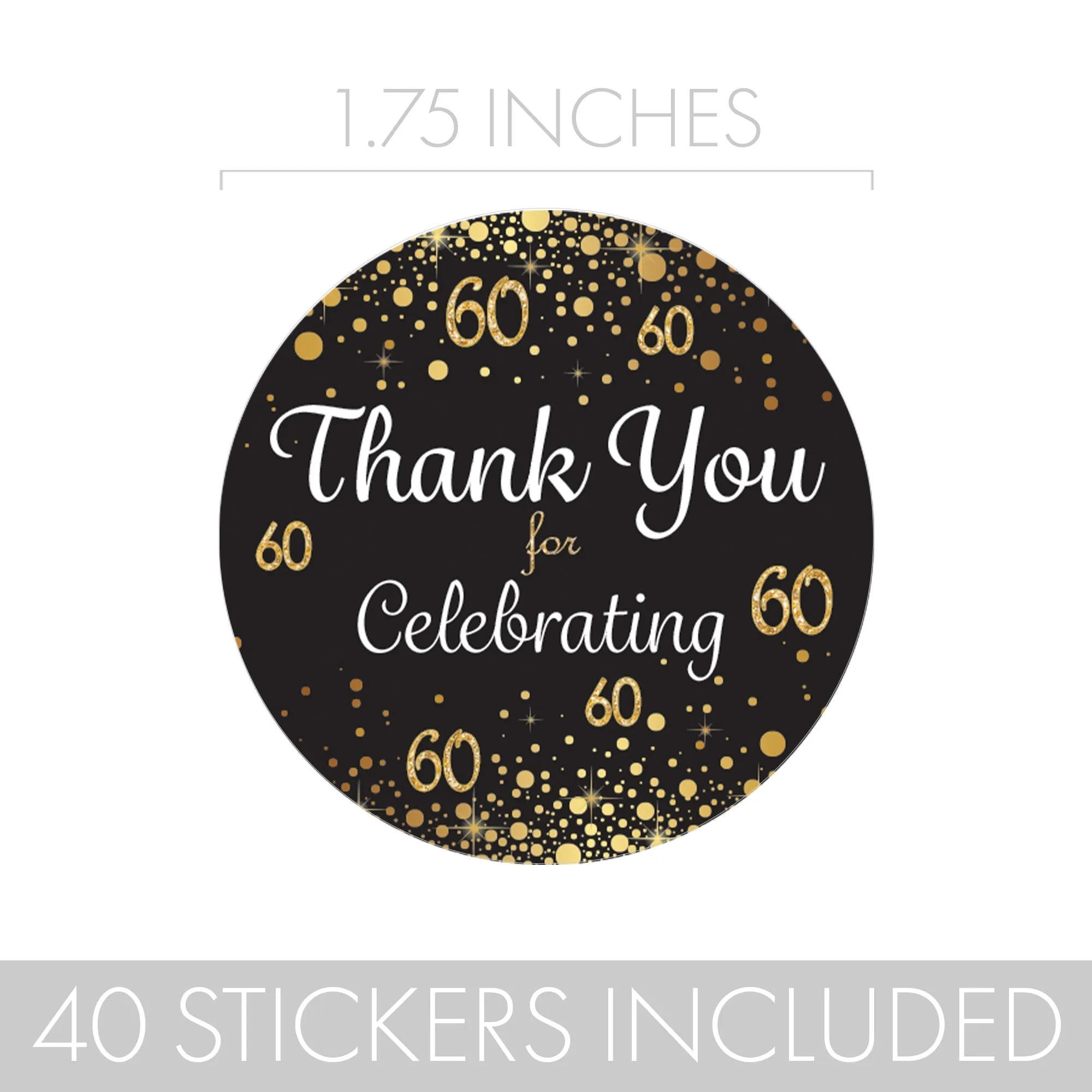 60th Birthday: Black & Gold - Adult Birthday - Thank You Stickers - 40 Stickers