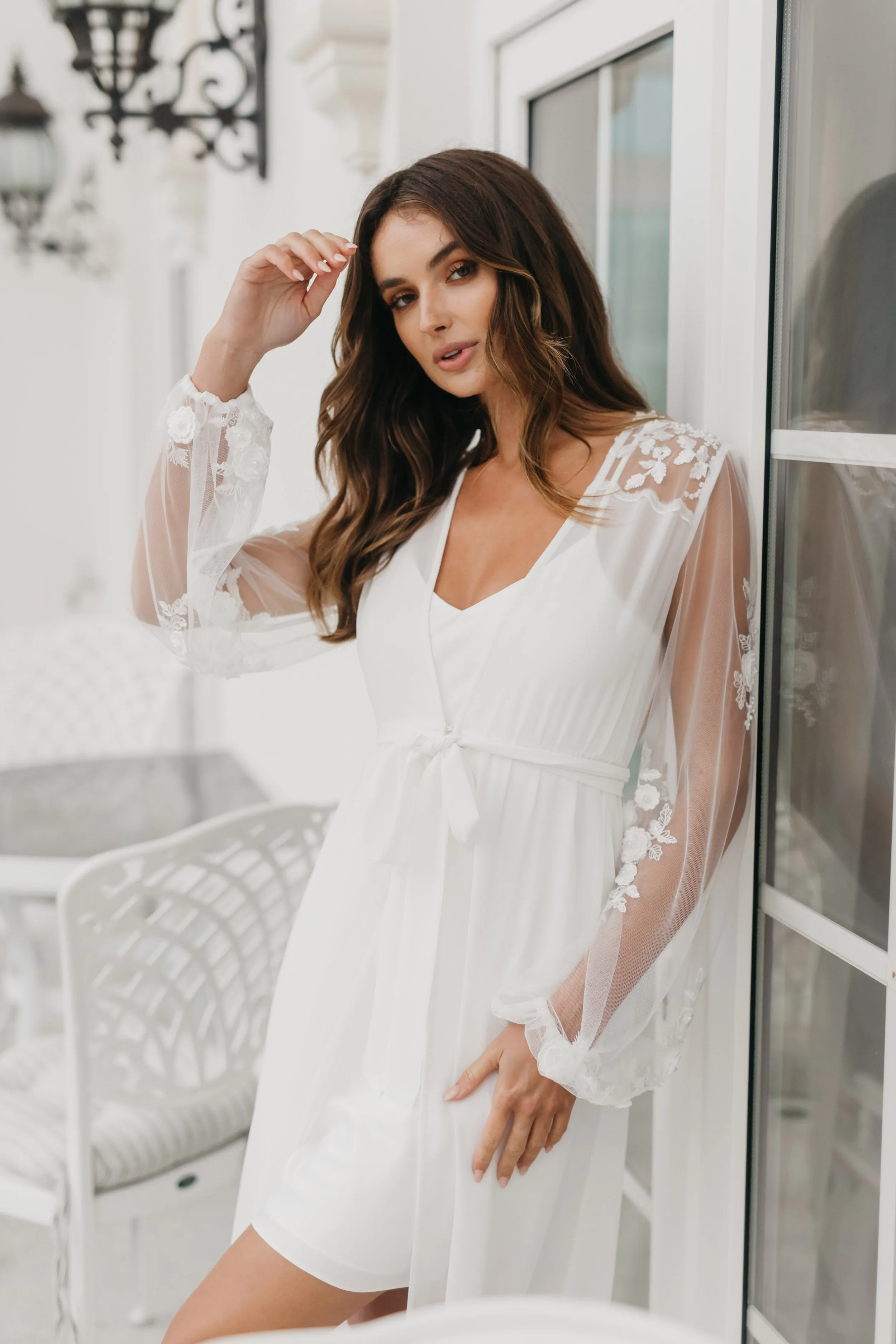 Amara Beaded Floral Lace Maxi Bridal Robe With Train - Includes Slip