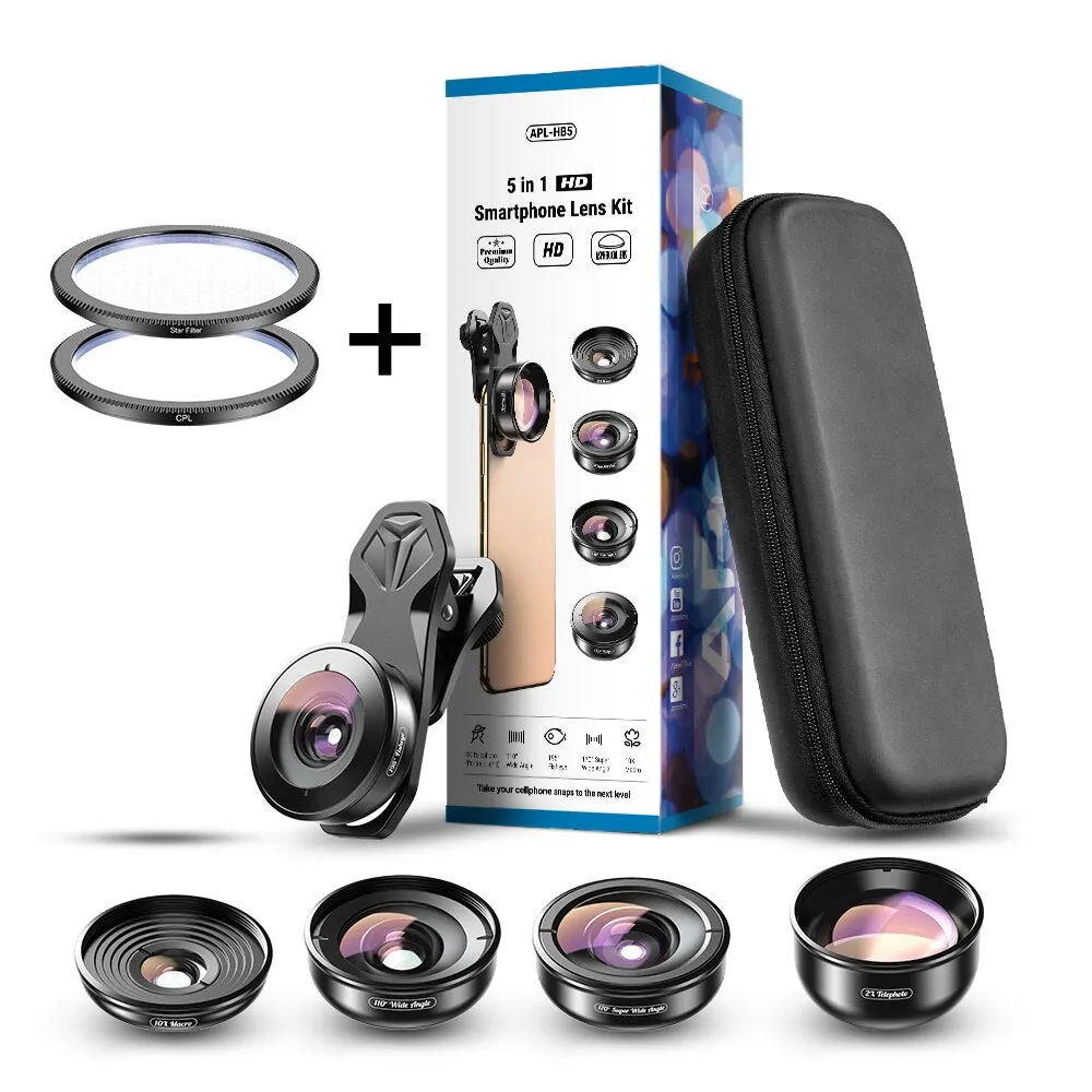 APEXEL HD 5 in 1 Camera Phone Lens 4K Wide Macro Lens Portrait Super Fisheye Lens CPL Filter for iPhone Samsung all cellphone