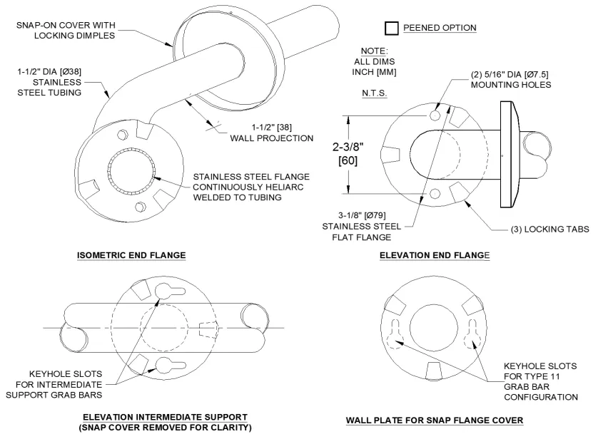 ASI 3857P Wall to Wall 1-1/2" diameter Grab Bar with Non-Slip Grip