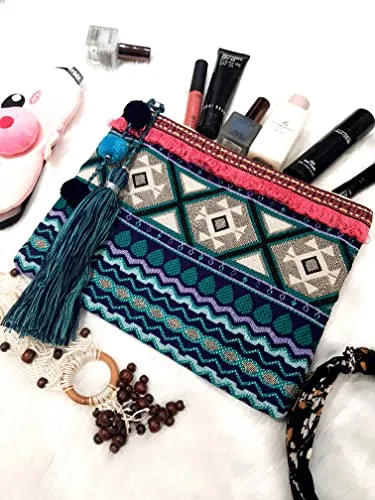 ASTRID 20 Cms Blue Cotton Makeup/Travel Pouch with Tassels