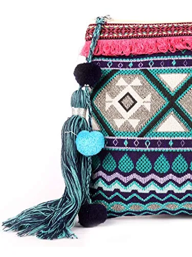 ASTRID 20 Cms Blue Cotton Makeup/Travel Pouch with Tassels