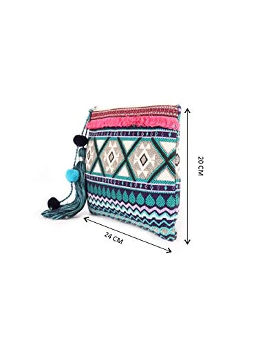 ASTRID 20 Cms Blue Cotton Makeup/Travel Pouch with Tassels