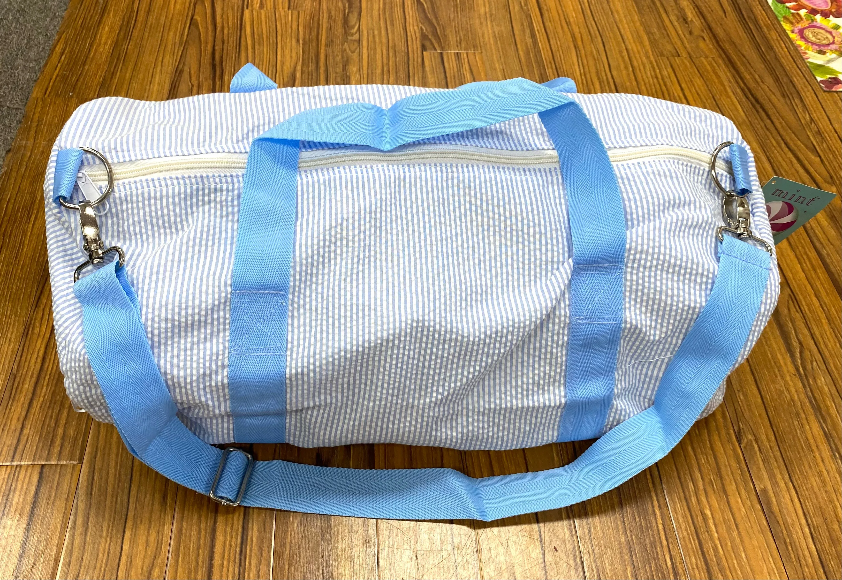 Baby Blue Seersucker Weekender Duffle