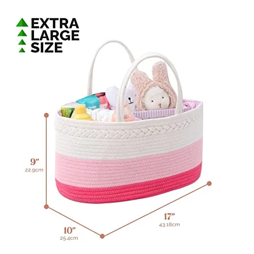 Baby Diaper Caddy Organizer, Extra Large Cotton Rope Nursery Diaper Basket, Changing Table Organizer, Portable Tote Bag with Divider, Car Storage, Baby Shower Gifts for Newborn Girls - Pink