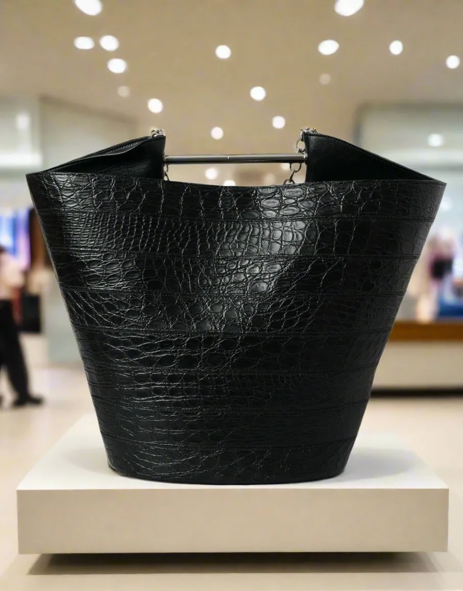 BALENCIAGA Black Crocodile Leather Maxi Bucket Bag