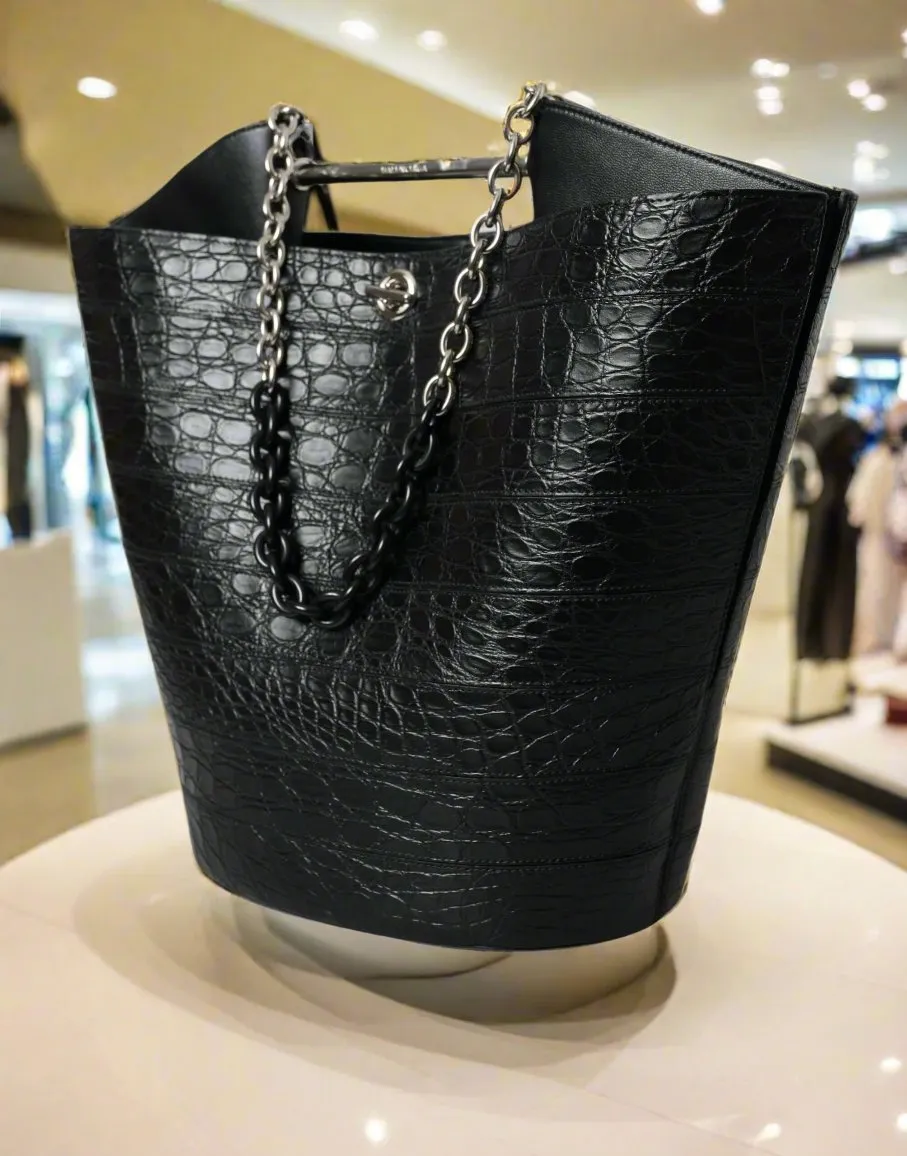 BALENCIAGA Black Crocodile Leather Maxi Bucket Bag