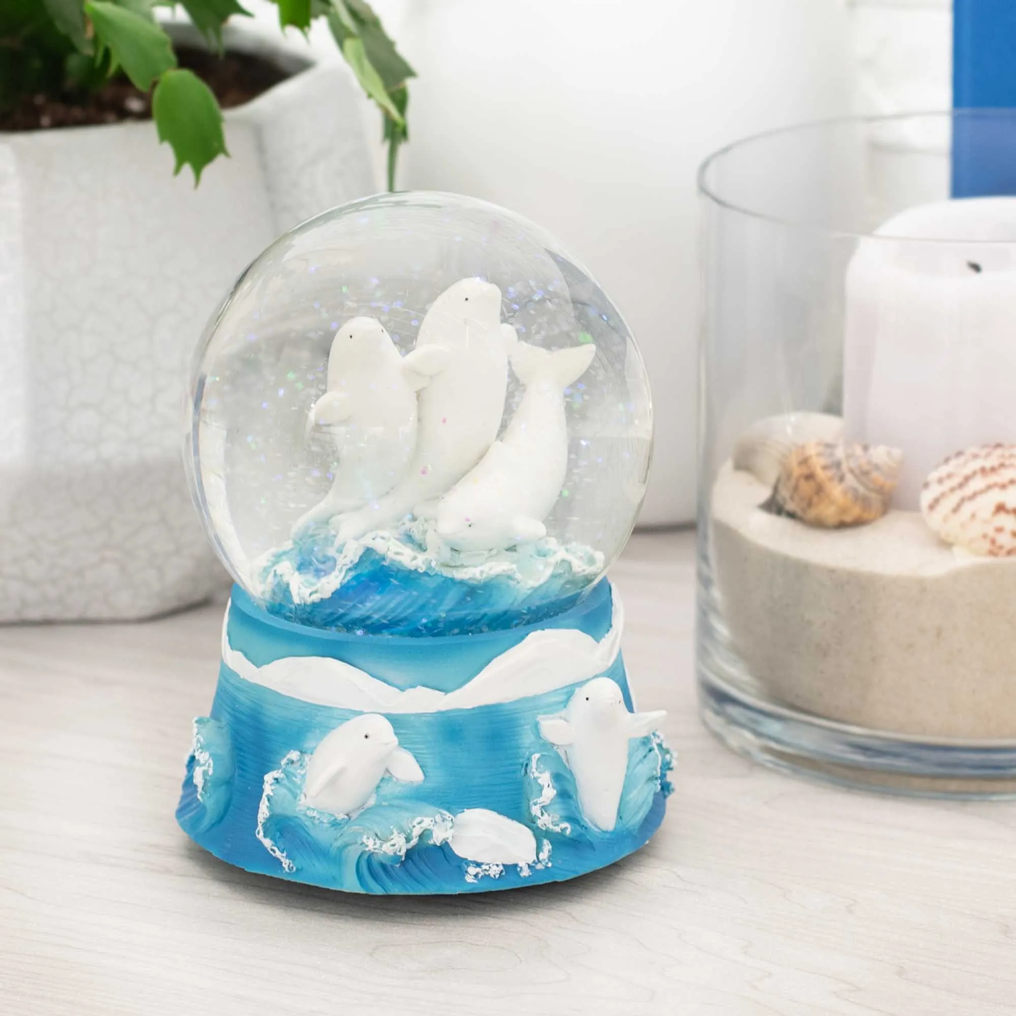 Beluga Whales Figurine 100MM Snow Globe Plays Tune Let Me Call You Sweetheart