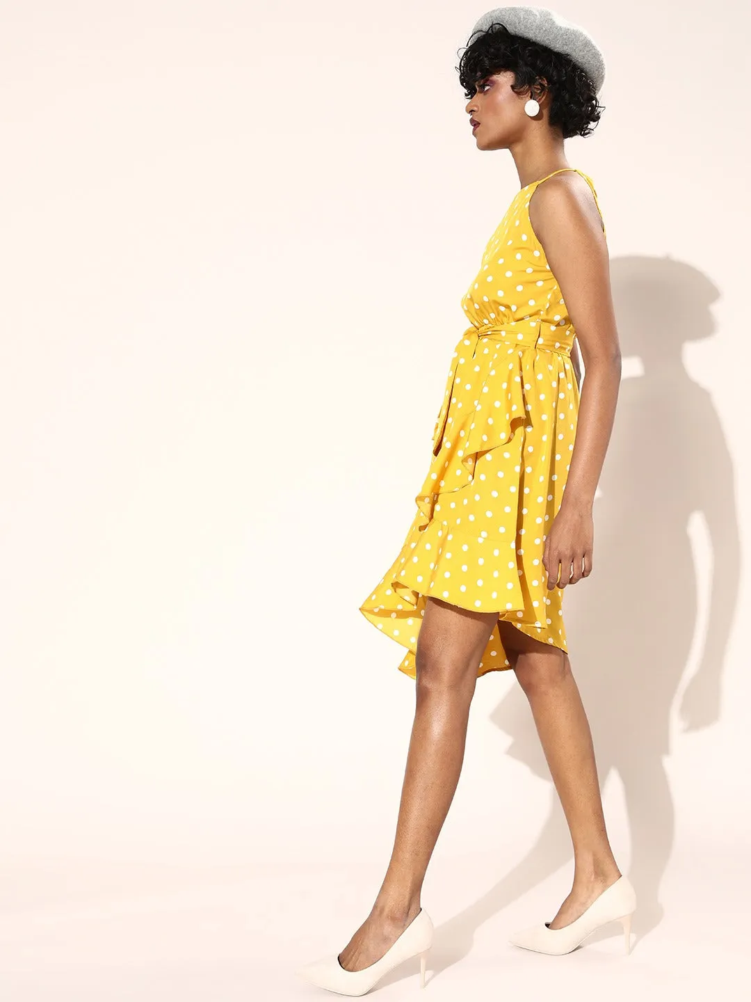 Berrylush Women Yellow Polka Dot Printed Square Neck Waist Tie-Up Asymmetrical Fit & Flare Midi Dress