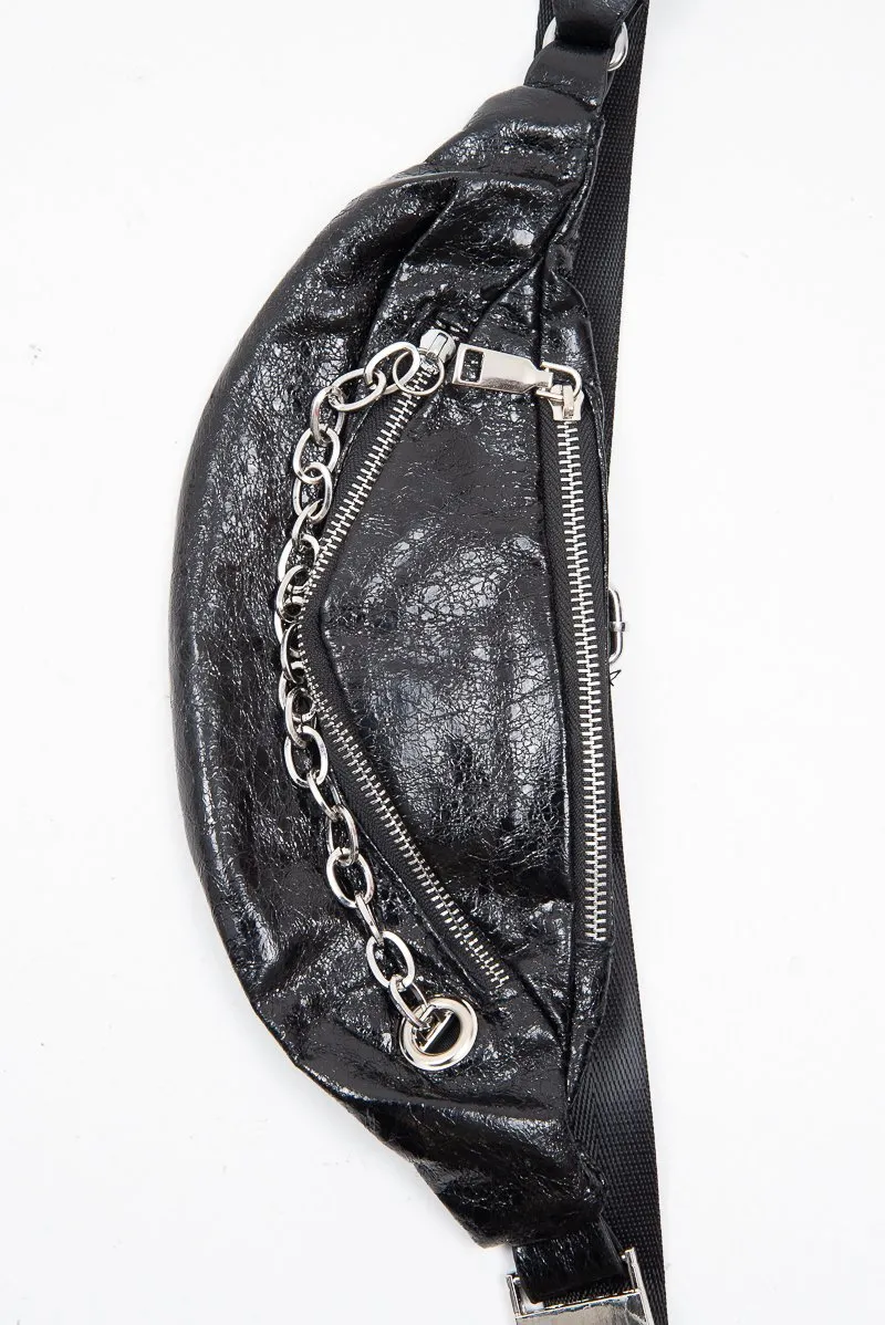 Black Croc Chunky Chain Detail Bum Bag - Nera