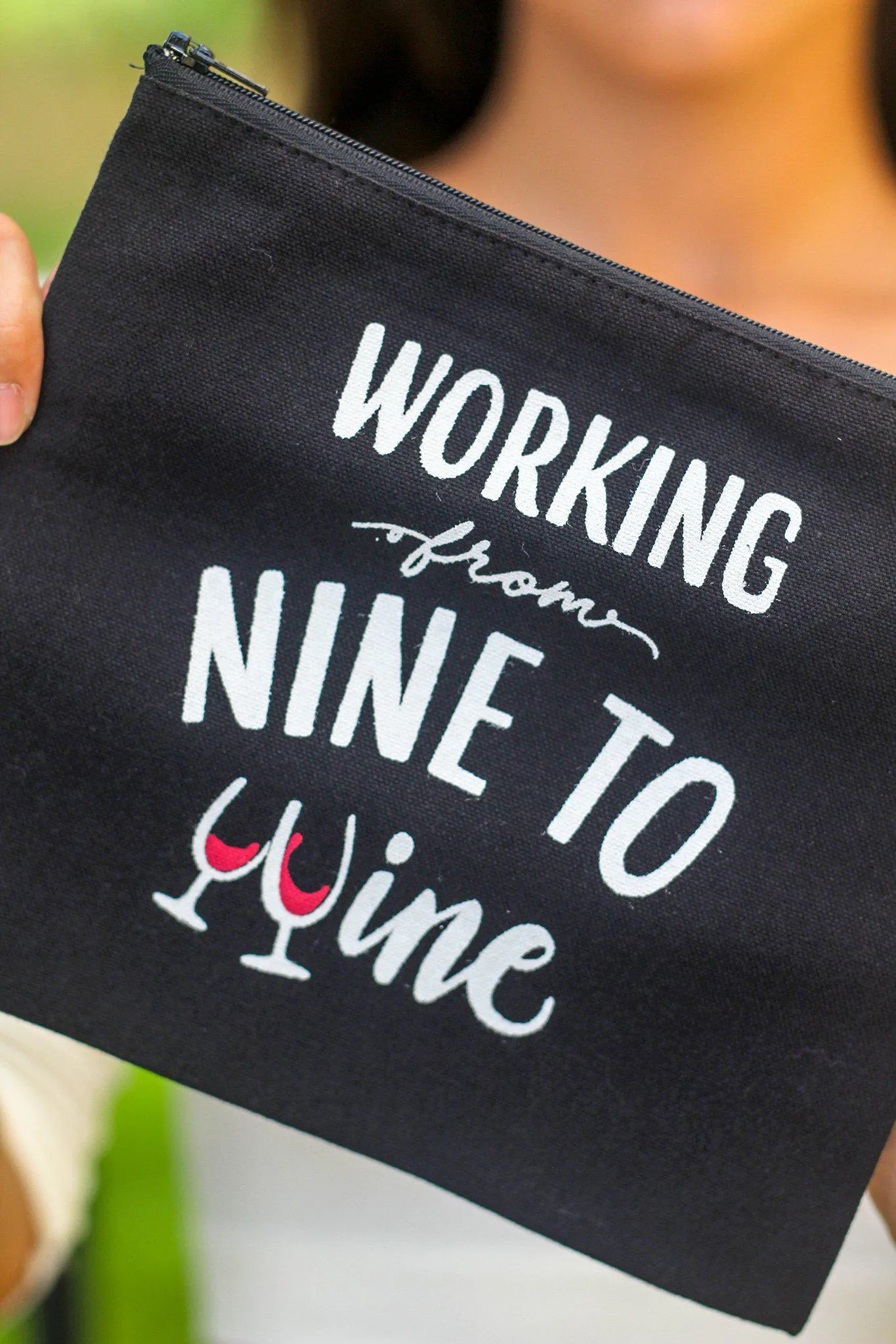 Black "Working From Nine to Wine" Makeup Bag