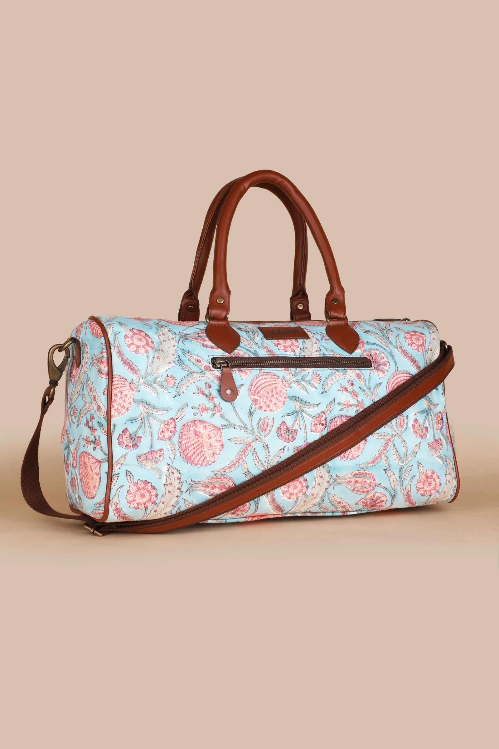 Blue Lagoon Hand Block Printed Pink Duffle Bag