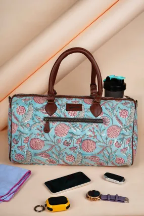 Blue Lagoon Hand Block Printed Pink Duffle Bag