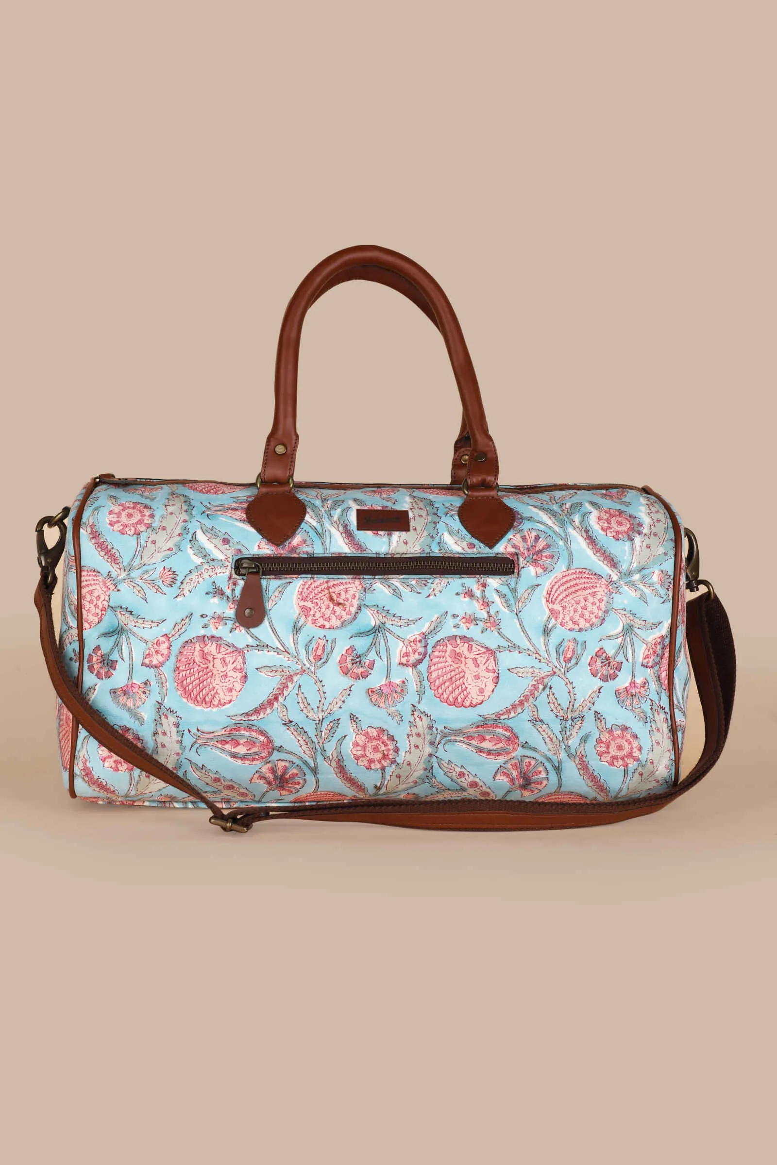 Blue Lagoon Hand Block Printed Pink Duffle Bag