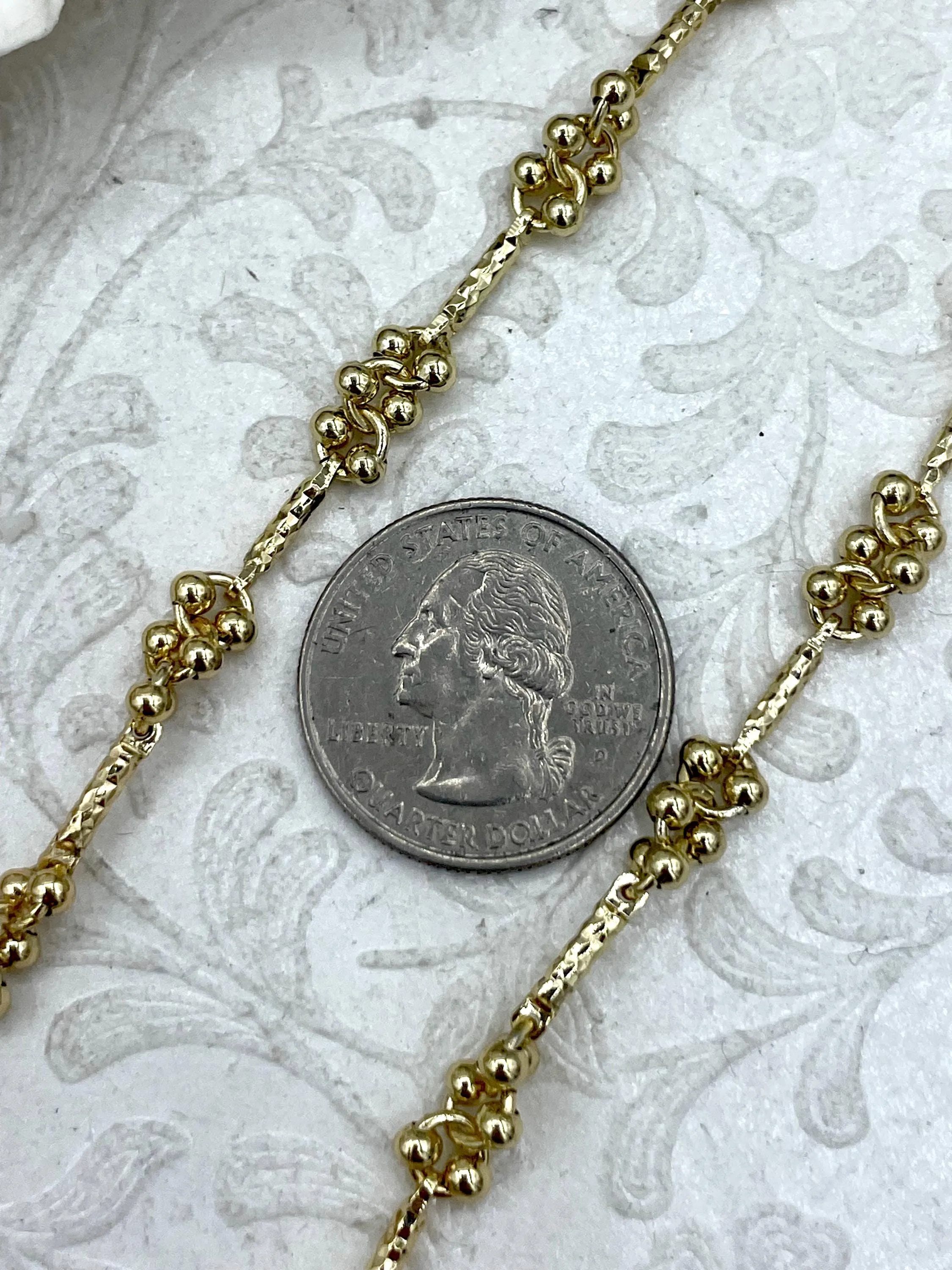 Brass Dainty Delicate Bar Chain w/Moving Beads, Delicate Gold Chain, Tiny Bar Chain, Stick Chain Sold by the foot, Gold Plated. Fast ship