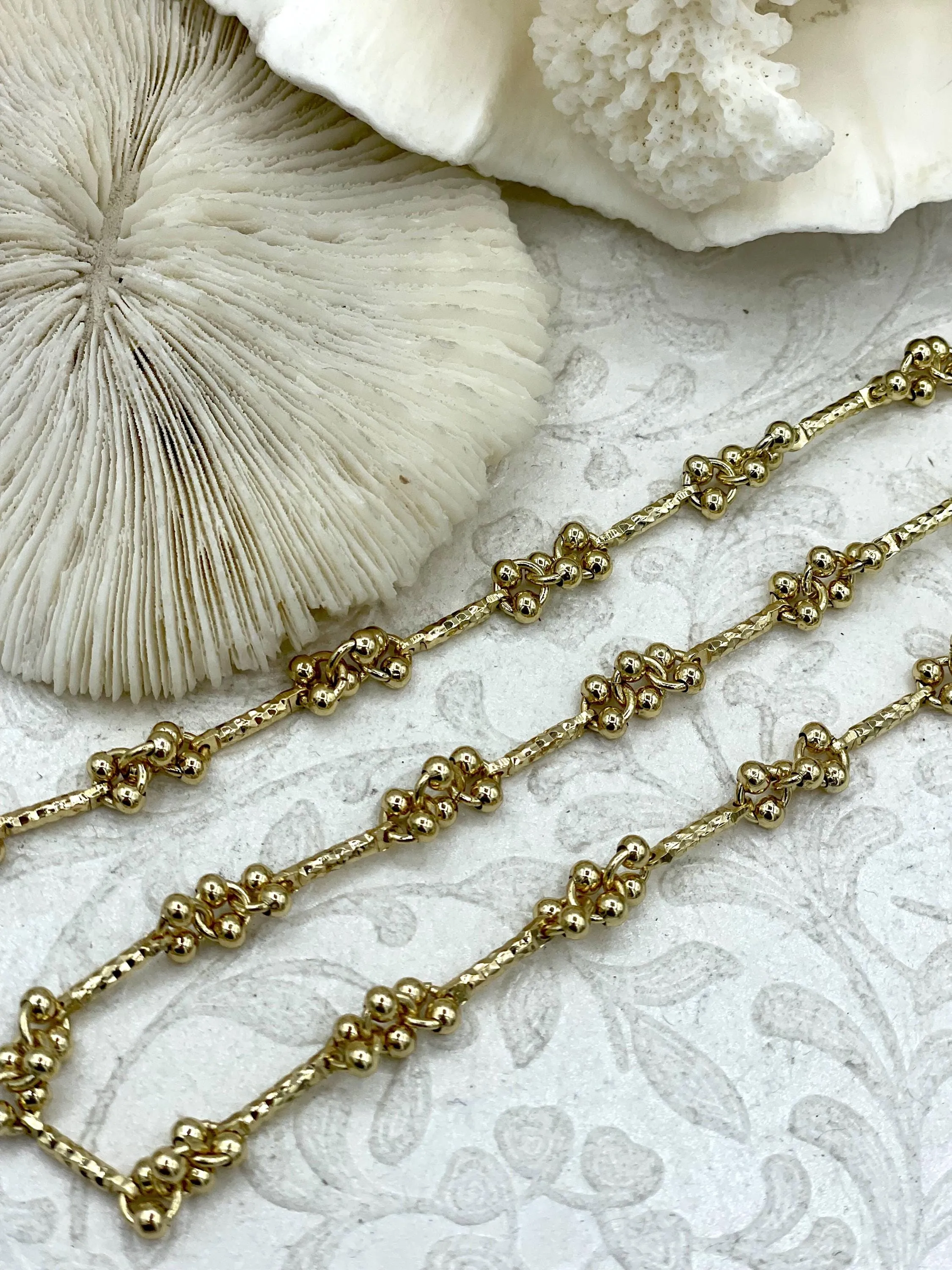 Brass Dainty Delicate Bar Chain w/Moving Beads, Delicate Gold Chain, Tiny Bar Chain, Stick Chain Sold by the foot, Gold Plated. Fast ship