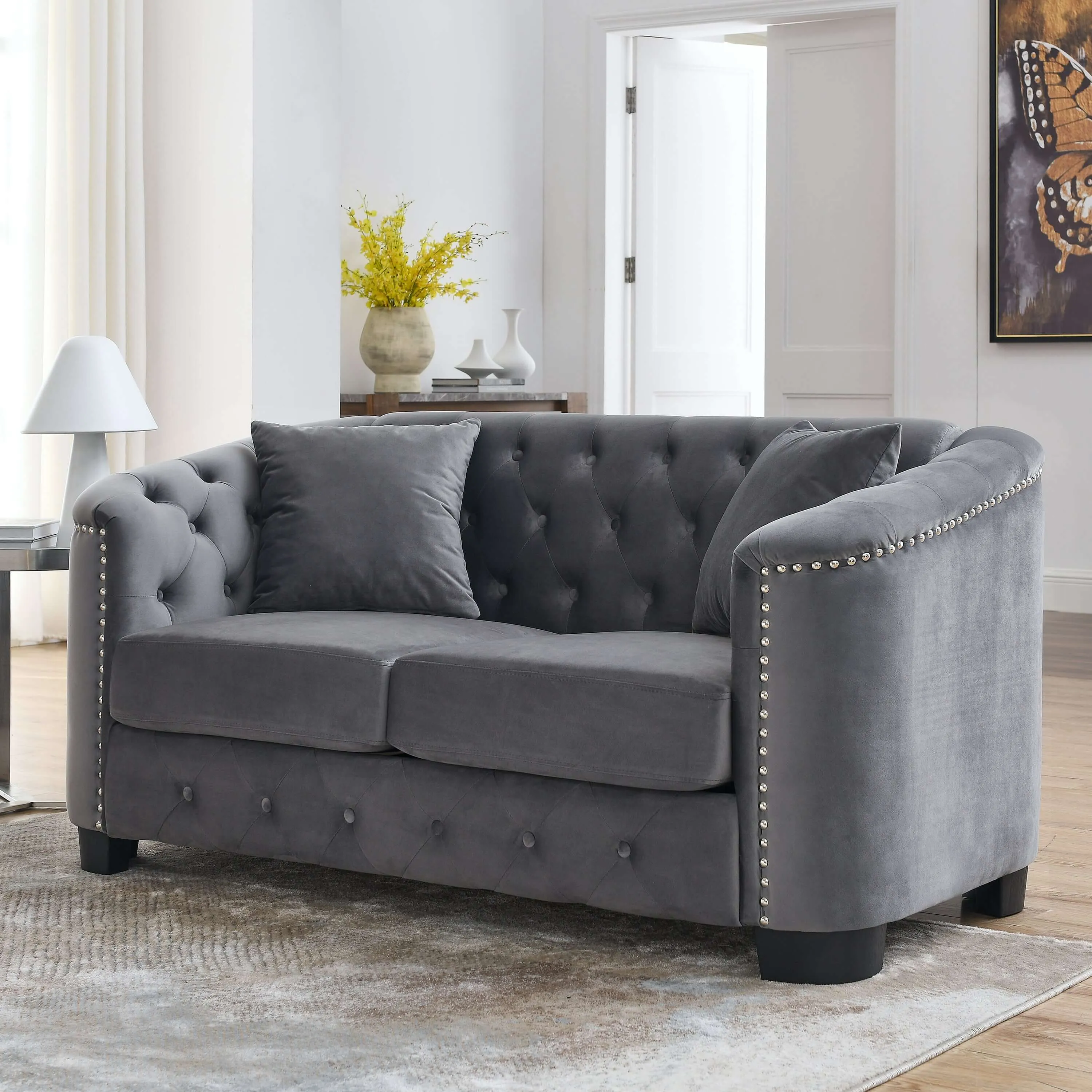 Chesterfield Velvet Sofa Elegant Tufted for Comfort 59 Inch