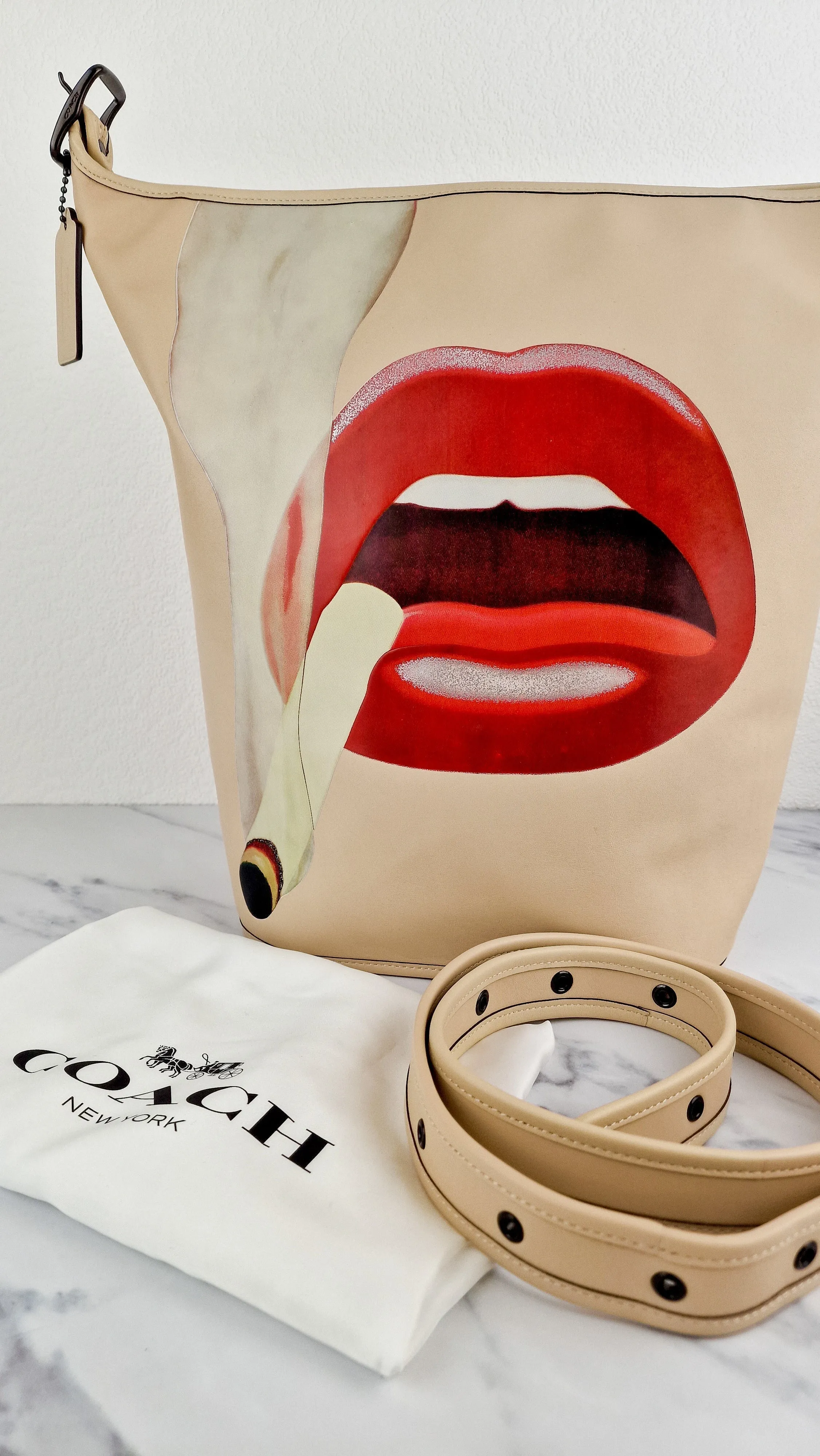 Coach x Tom Wesselmann Duffle 27 Bucket Bag in Ivory With Cigarette Lips - Coach CA306