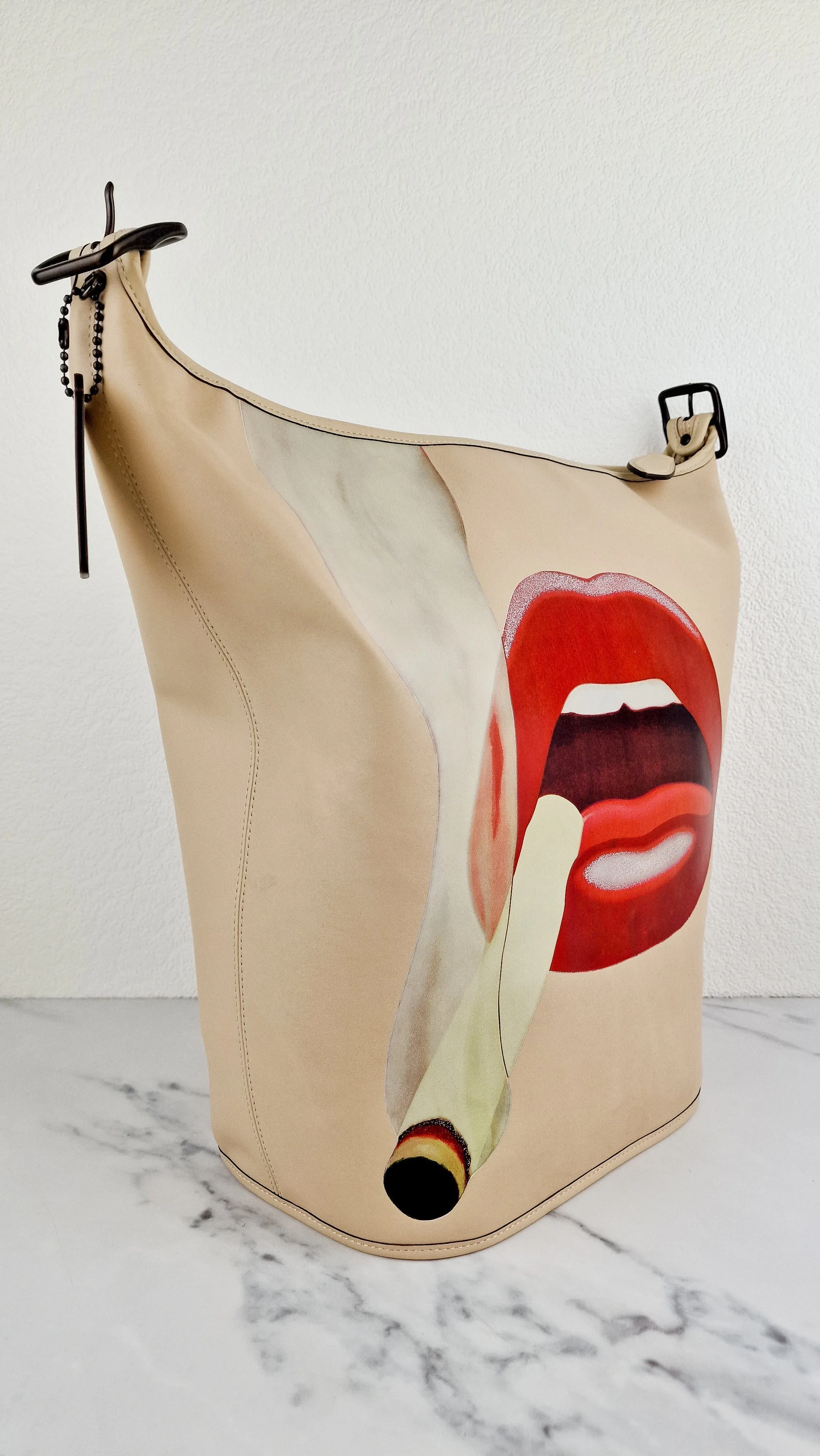 Coach x Tom Wesselmann Duffle 27 Bucket Bag in Ivory With Cigarette Lips - Coach CA306