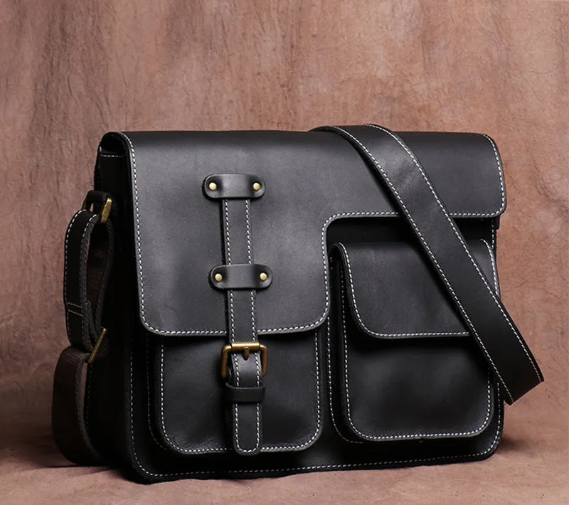 Crazy Horse Leather Shoulder Bag, Black Crossbody Bag for Men, Leather Messenger Bag, Groomsmen Gift