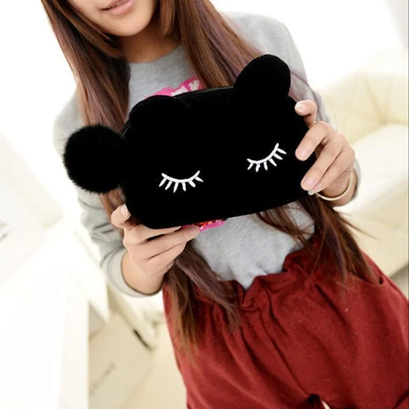 Cute Cat Cosmetic Velvet Bag with Pompom