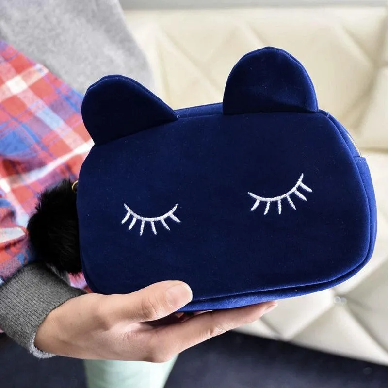 Cute Cat Cosmetic Velvet Bag with Pompom