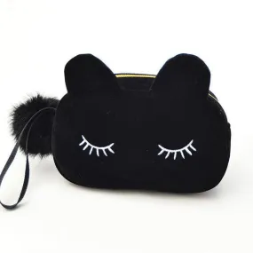 Cute Cat Cosmetic Velvet Bag with Pompom