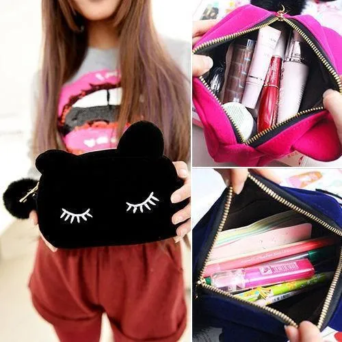 Cute Cat Cosmetic Velvet Bag with Pompom