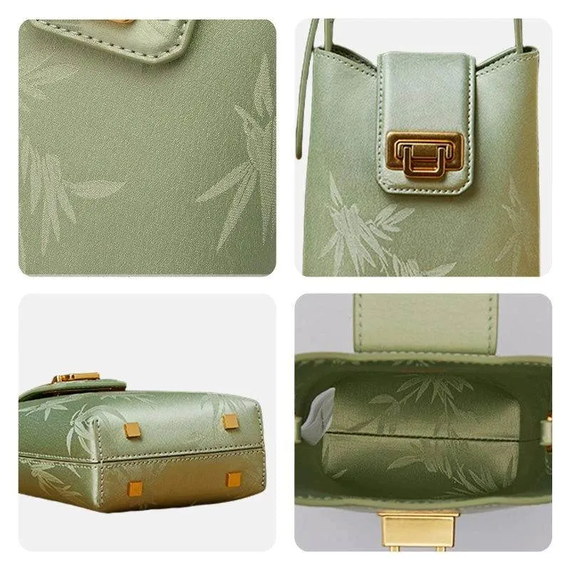 Embossed Leather Green Bamboo Leaf Phone Bag