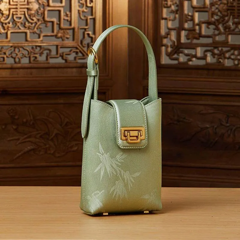 Embossed Leather Green Bamboo Leaf Phone Bag