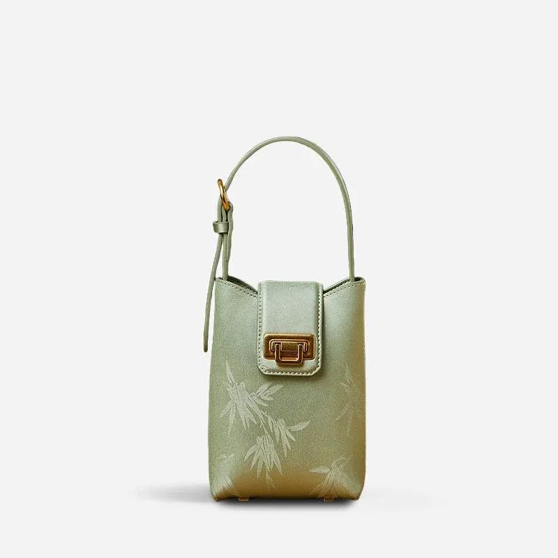 Embossed Leather Green Bamboo Leaf Phone Bag