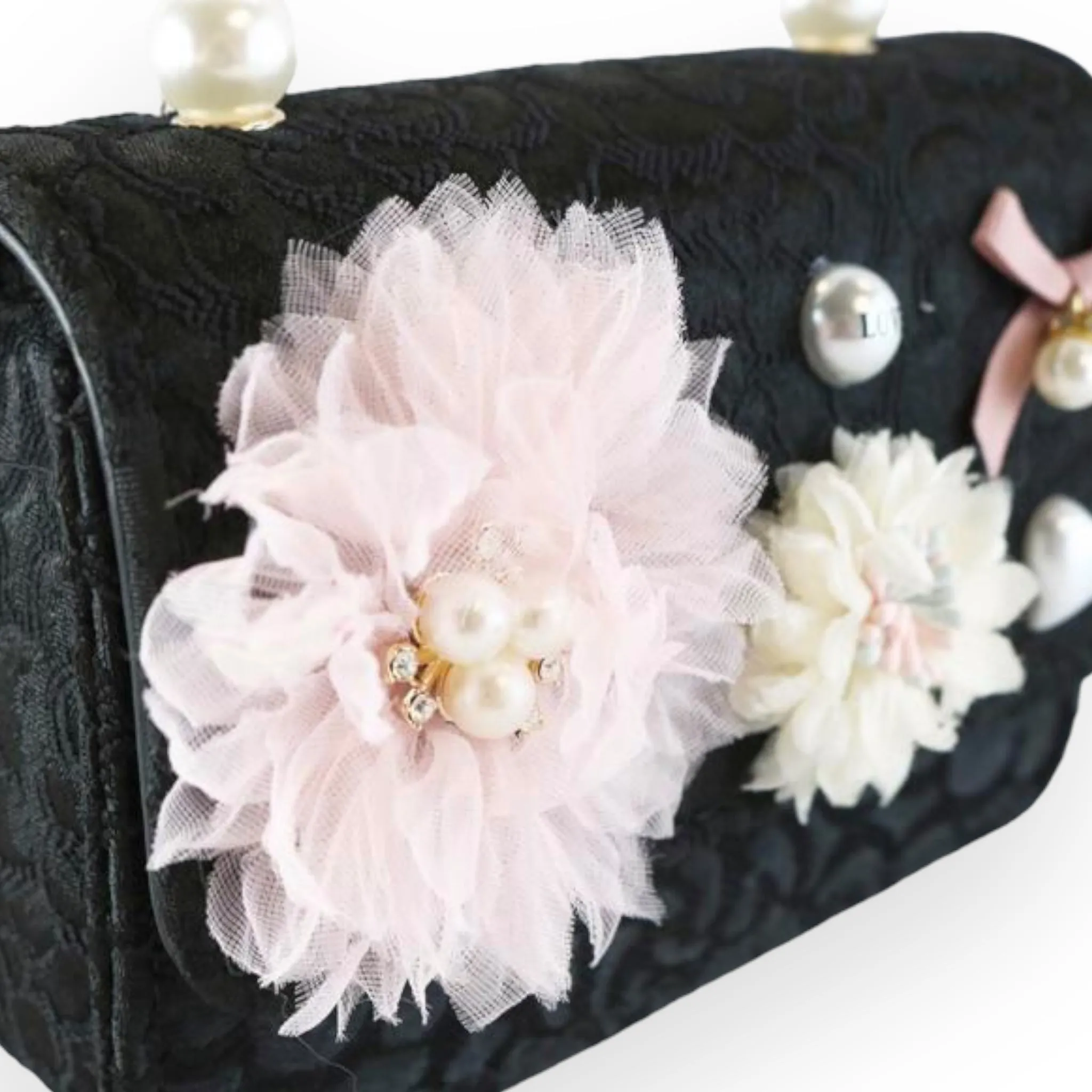 Floral Appliques Tweed Purse - Black