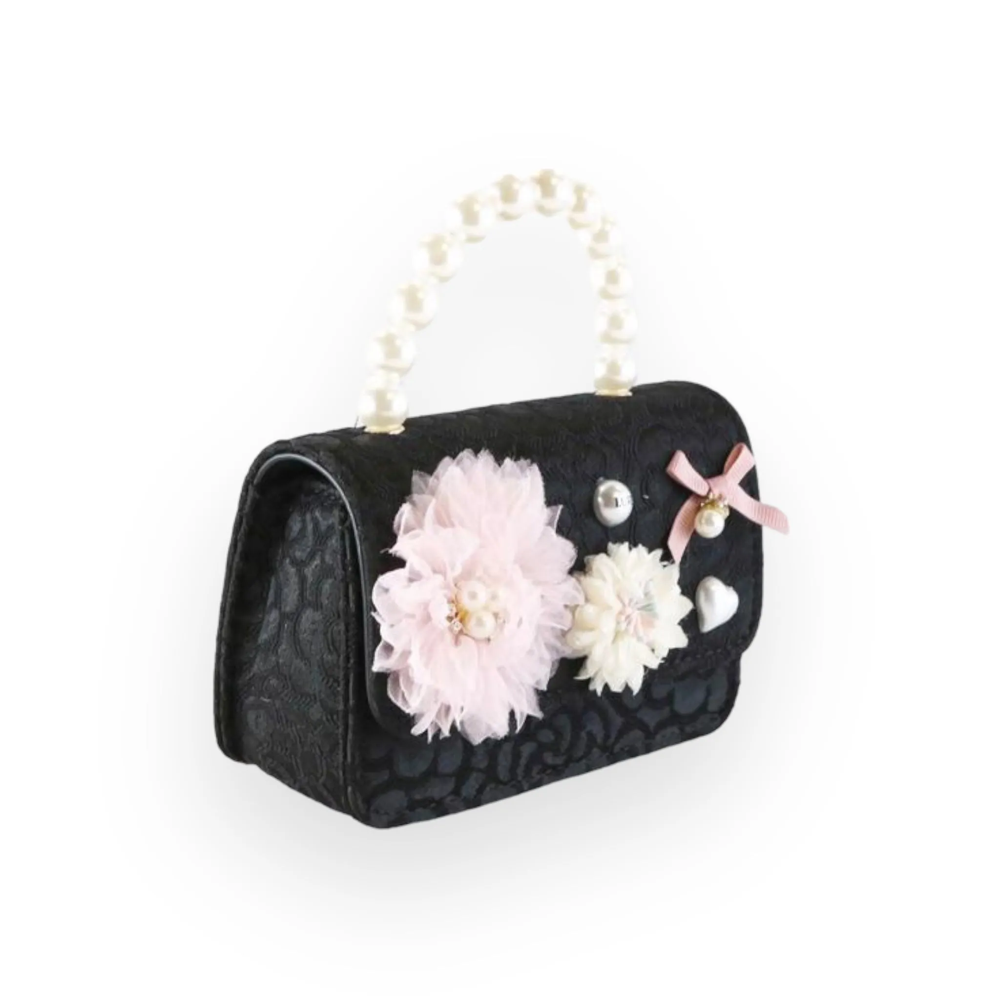 Floral Appliques Tweed Purse - Black