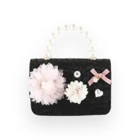 Floral Appliques Tweed Purse - Black