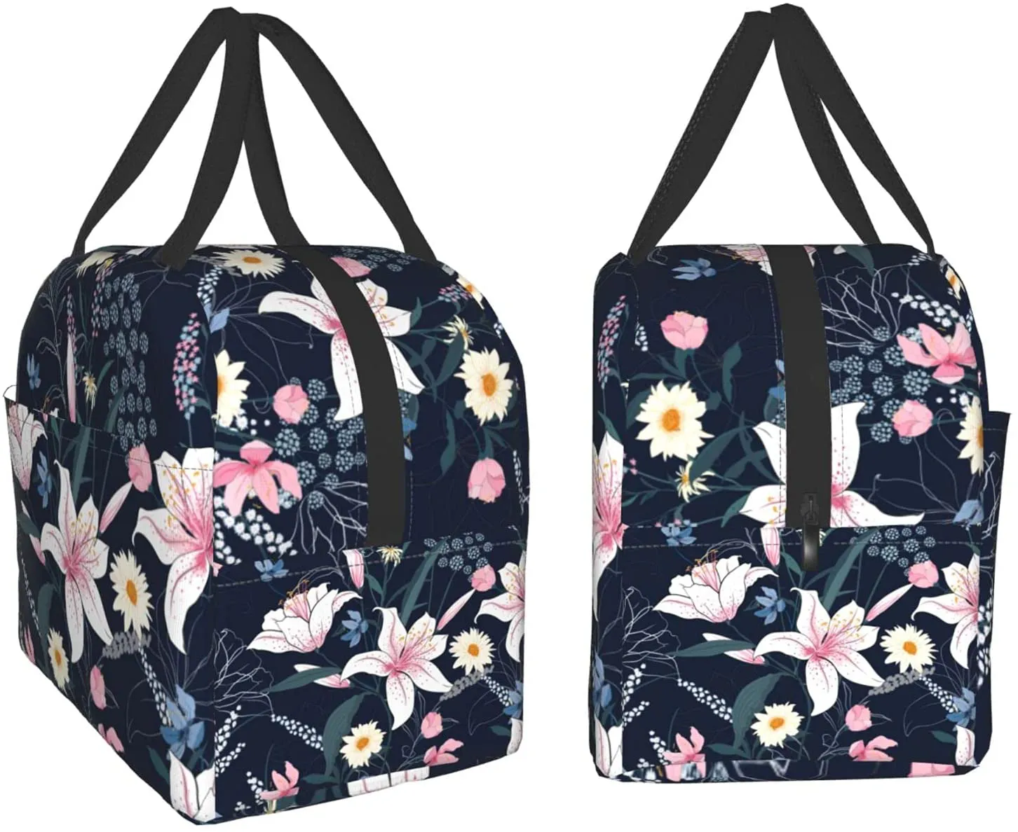 Floral Lunch Bag Insulated Tote Box with Front Pocket Reusable Waterproof Reusable Cooler Flower Lunch Container for Work Office Picnic Travel Beach Men & Women