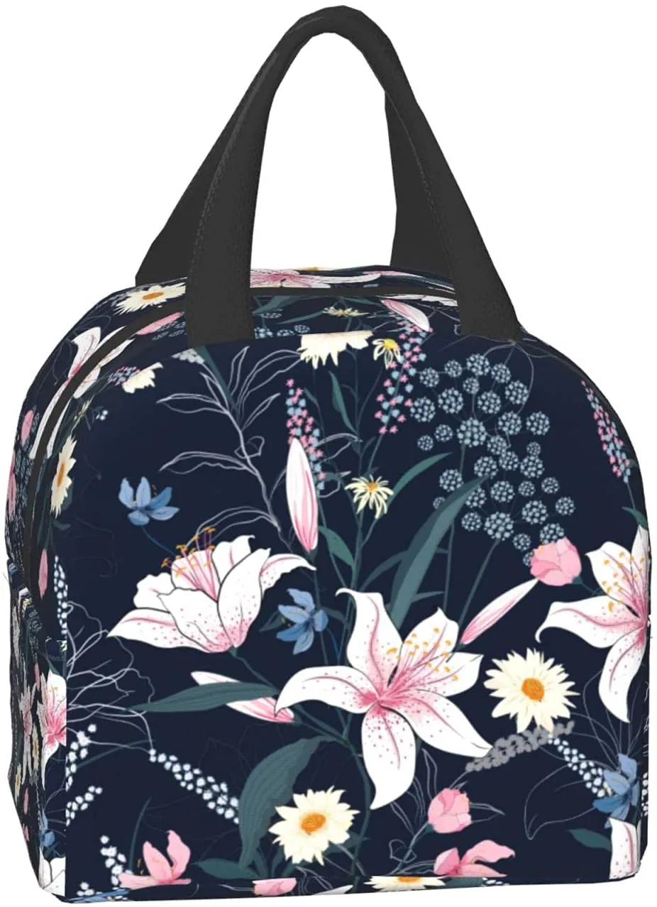 Floral Lunch Bag Insulated Tote Box with Front Pocket Reusable Waterproof Reusable Cooler Flower Lunch Container for Work Office Picnic Travel Beach Men & Women