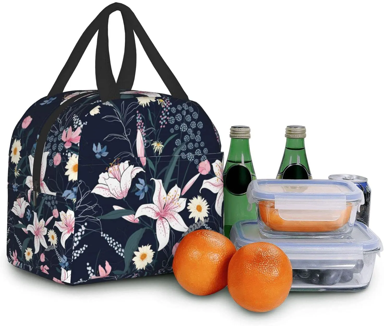 Floral Lunch Bag Insulated Tote Box with Front Pocket Reusable Waterproof Reusable Cooler Flower Lunch Container for Work Office Picnic Travel Beach Men & Women